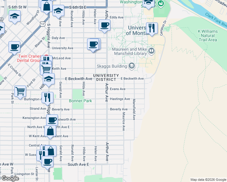 map of restaurants, bars, coffee shops, grocery stores, and more near 636 Hastings Avenue in Missoula