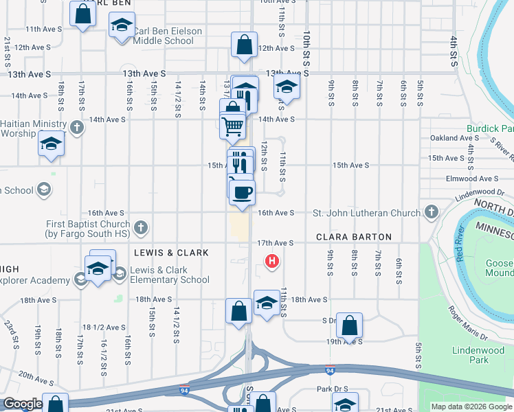 map of restaurants, bars, coffee shops, grocery stores, and more near 1602 South University Drive in Fargo