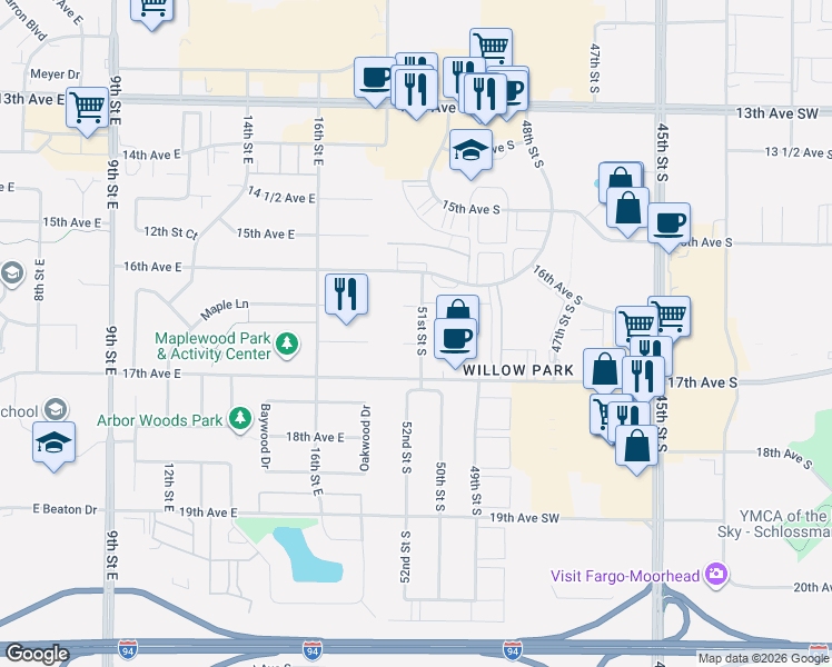 map of restaurants, bars, coffee shops, grocery stores, and more near 1667 51st St SW in Fargo