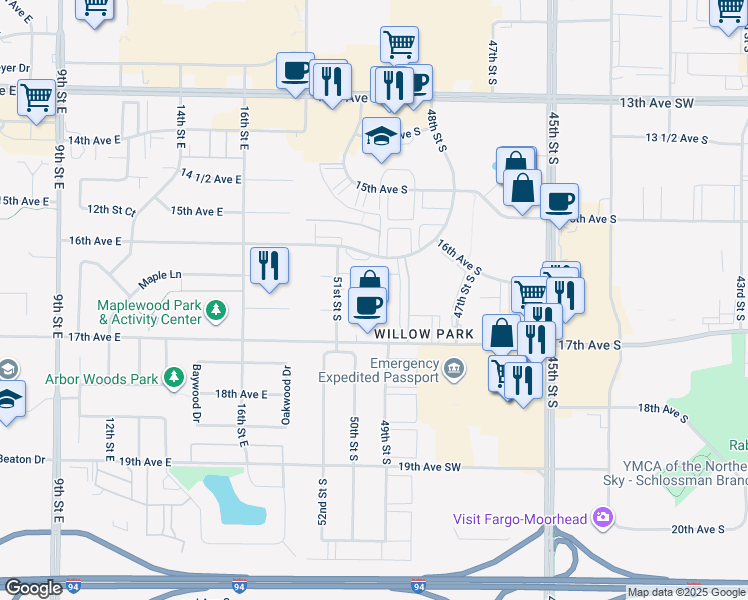 map of restaurants, bars, coffee shops, grocery stores, and more near in Fargo