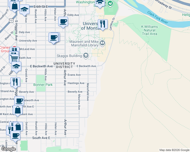 map of restaurants, bars, coffee shops, grocery stores, and more near 1610 Madeline Avenue in Missoula