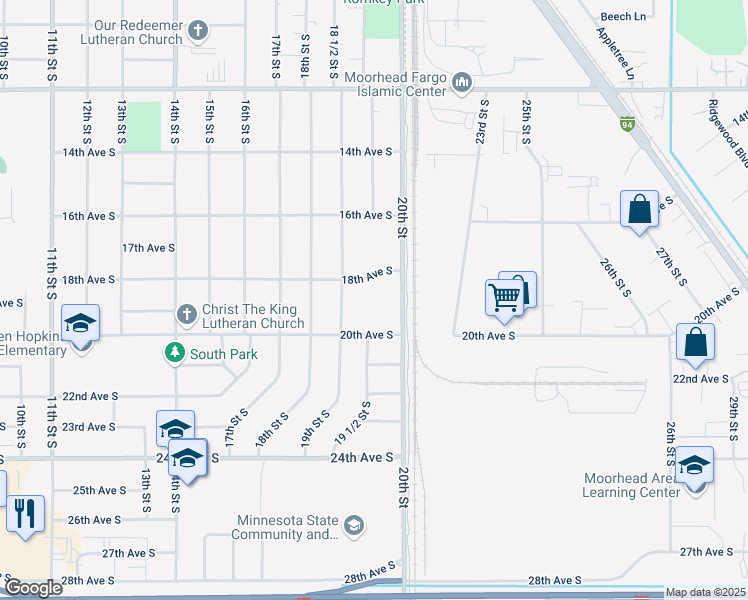 map of restaurants, bars, coffee shops, grocery stores, and more near 322 Clearview Court in Moorhead
