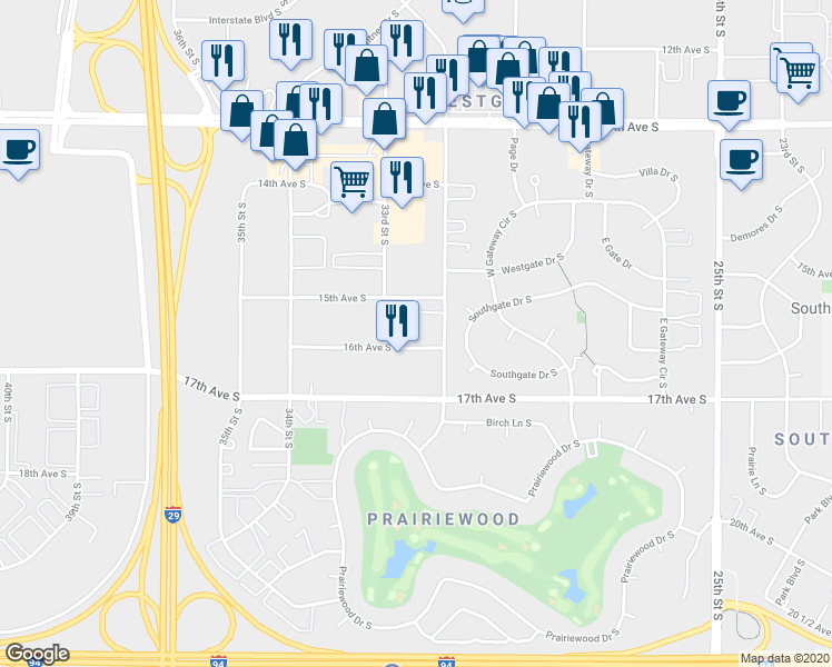 map of restaurants, bars, coffee shops, grocery stores, and more near 3210 16th Avenue South in Fargo