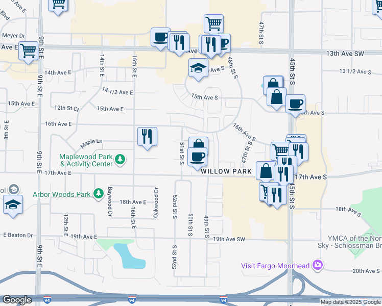map of restaurants, bars, coffee shops, grocery stores, and more near in Fargo