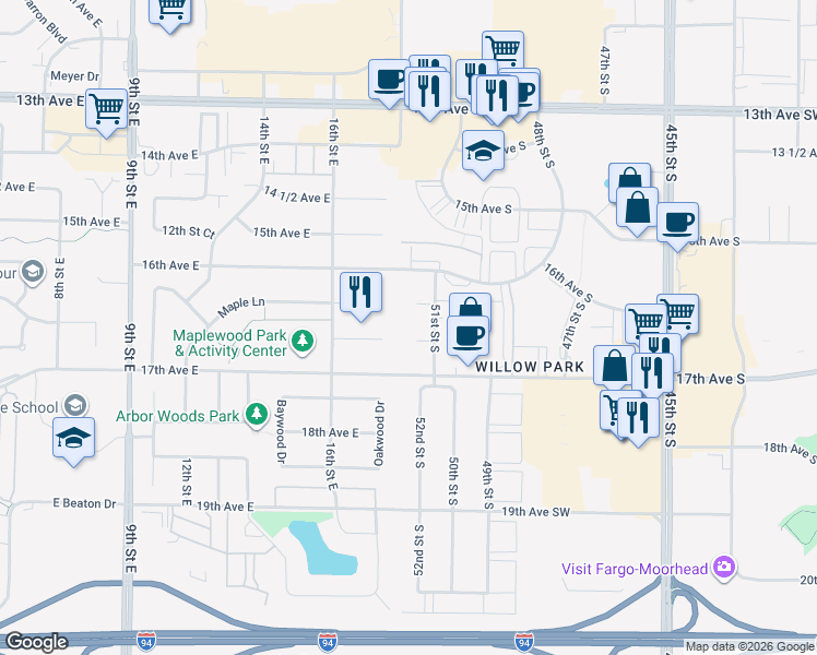 map of restaurants, bars, coffee shops, grocery stores, and more near 1667 51st St SW in Fargo