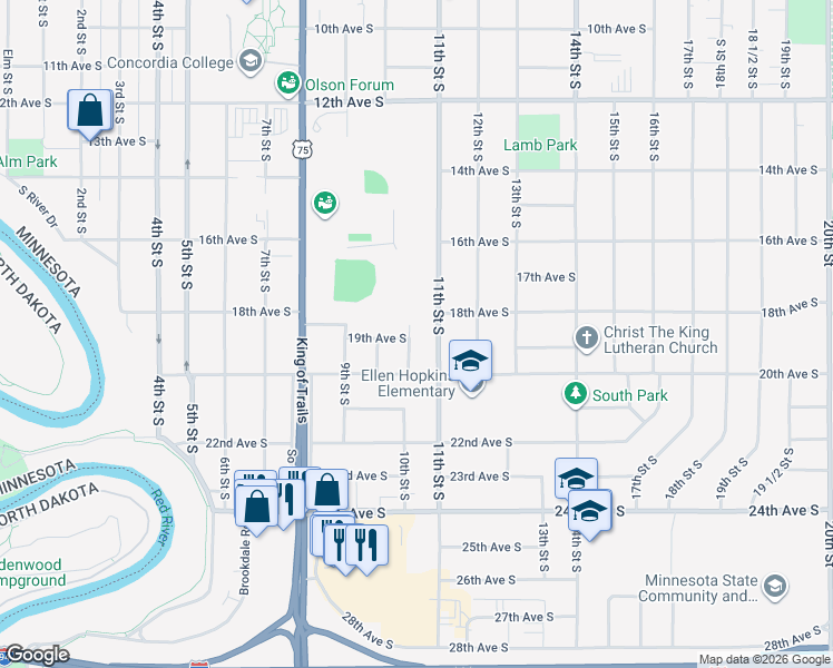 map of restaurants, bars, coffee shops, grocery stores, and more near 1914 Centre Square in Moorhead