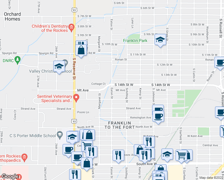 map of restaurants, bars, coffee shops, grocery stores, and more near Mt Ave & Eaton St in Missoula