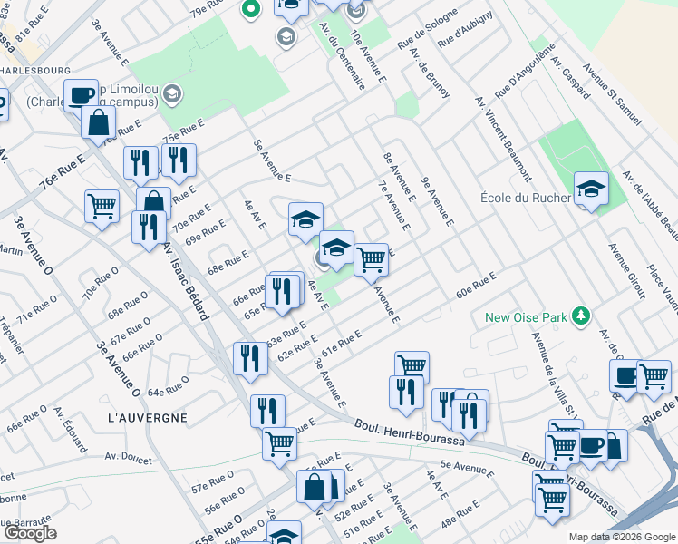 map of restaurants, bars, coffee shops, grocery stores, and more near 585 64e Rue Est in Québec