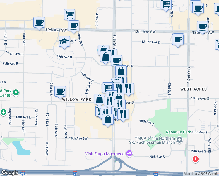 map of restaurants, bars, coffee shops, grocery stores, and more near 4510 16th Avenue South in Fargo