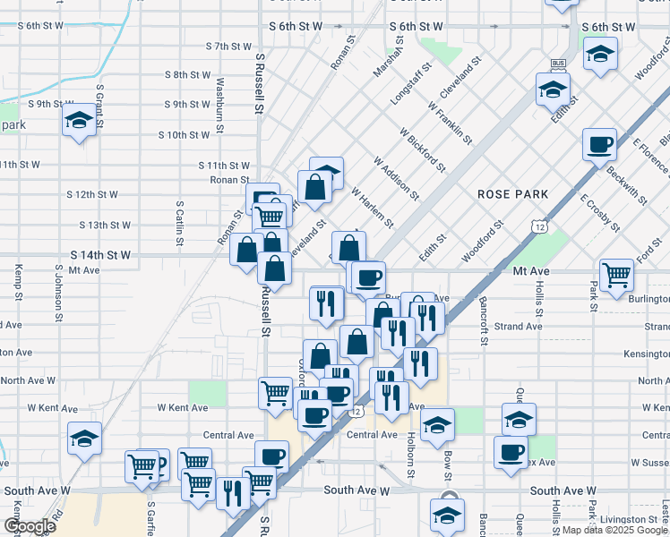 map of restaurants, bars, coffee shops, grocery stores, and more near 1048 Burlington Avenue in Missoula