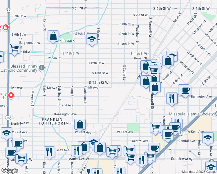 map of restaurants, bars, coffee shops, grocery stores, and more near 1840 Burlington Avenue in Missoula