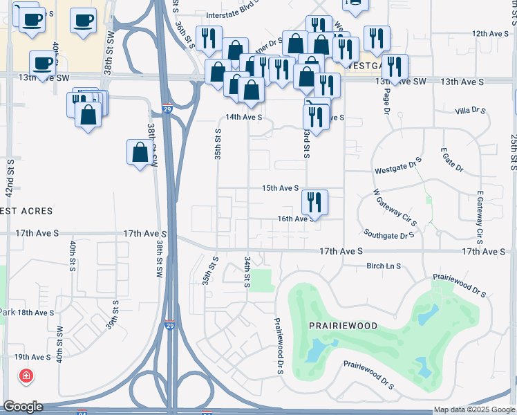 map of restaurants, bars, coffee shops, grocery stores, and more near 1610 34th Street South in Fargo
