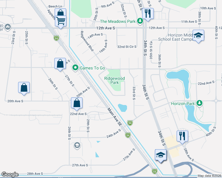 map of restaurants, bars, coffee shops, grocery stores, and more near 1935 29th Street Circle South in Moorhead