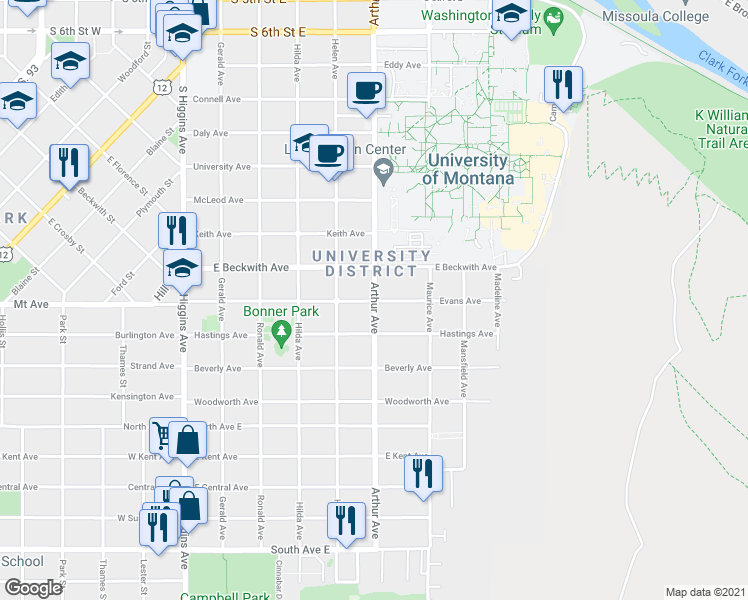 map of restaurants, bars, coffee shops, grocery stores, and more near 599 Evans Avenue in Missoula