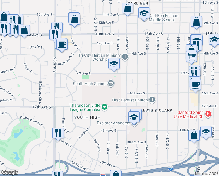 map of restaurants, bars, coffee shops, grocery stores, and more near 1840 15th Avenue South in Fargo