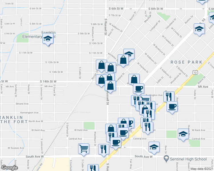 map of restaurants, bars, coffee shops, grocery stores, and more near Mt Ave & S Russell St in Missoula