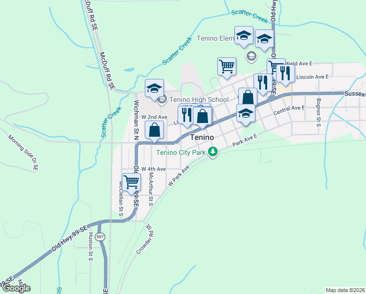 map of restaurants, bars, coffee shops, grocery stores, and more near 248 Ritter Street South in Tenino