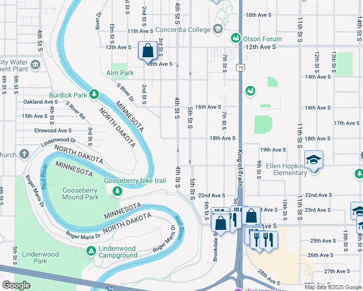 map of restaurants, bars, coffee shops, grocery stores, and more near 1812 4th Street South in Moorhead