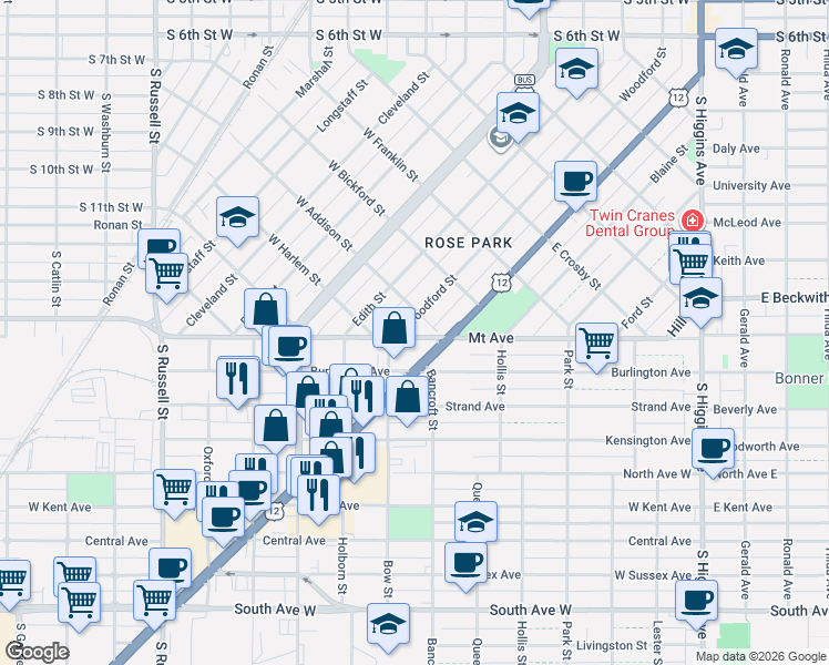 map of restaurants, bars, coffee shops, grocery stores, and more near 721 Mount Avenue in Missoula