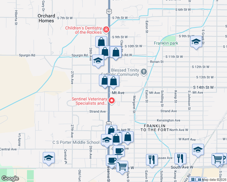 map of restaurants, bars, coffee shops, grocery stores, and more near 1536 South Reserve Street in Missoula