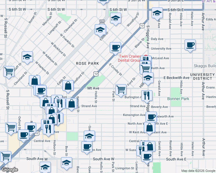 map of restaurants, bars, coffee shops, grocery stores, and more near 1619 Park St in Missoula