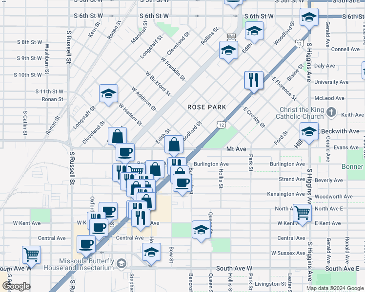 map of restaurants, bars, coffee shops, grocery stores, and more near 721 Mount Avenue in Missoula