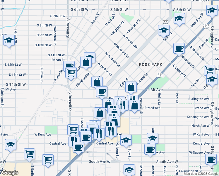 map of restaurants, bars, coffee shops, grocery stores, and more near 1600 Stephens Avenue in Missoula