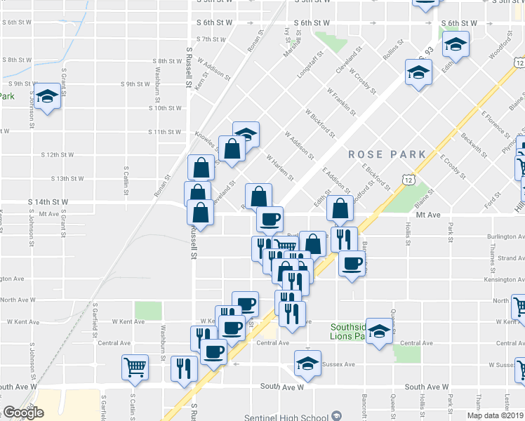 map of restaurants, bars, coffee shops, grocery stores, and more near 1605 Stephens Avenue in Missoula