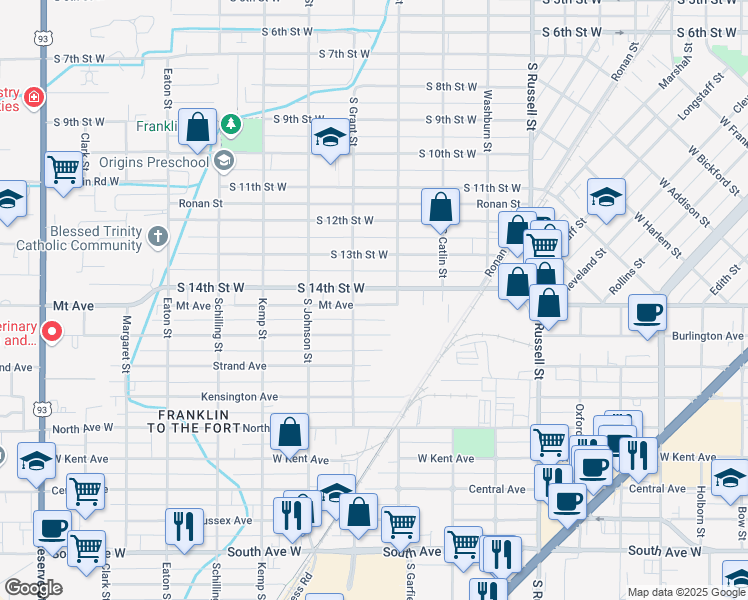 map of restaurants, bars, coffee shops, grocery stores, and more near 1840 Burlington Avenue in Missoula