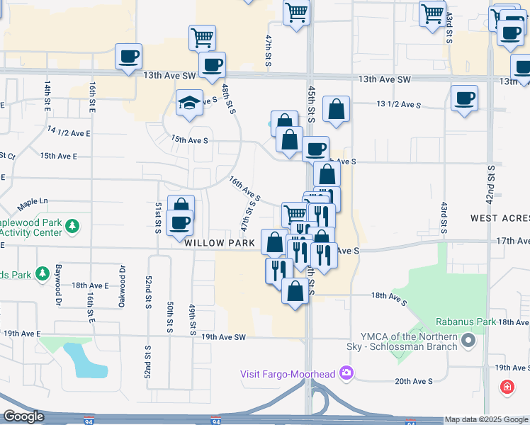 map of restaurants, bars, coffee shops, grocery stores, and more near 4601 17th Avenue South in Fargo