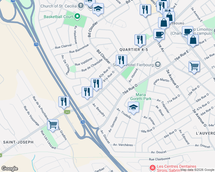 map of restaurants, bars, coffee shops, grocery stores, and more near 551 Boulevard Louis-XIV in Québec