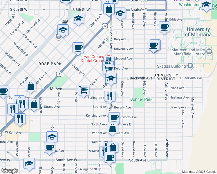 map of restaurants, bars, coffee shops, grocery stores, and more near 126 Burlington Ave in Missoula
