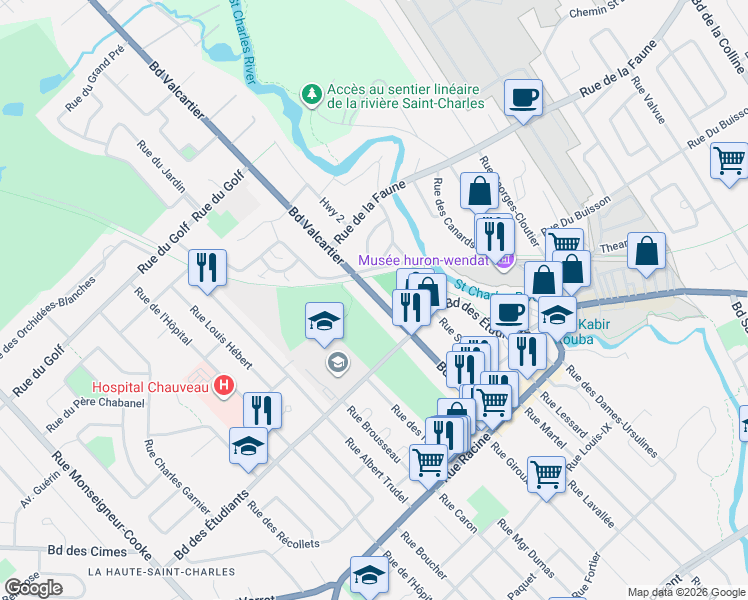 map of restaurants, bars, coffee shops, grocery stores, and more near 11777 Boulevard Valcartier in Québec