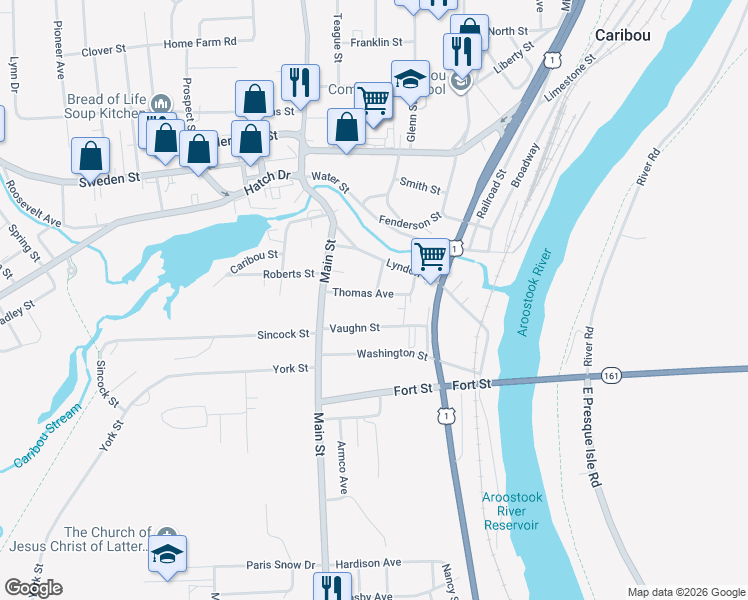 map of restaurants, bars, coffee shops, grocery stores, and more near 24 Vaughn Street in Caribou