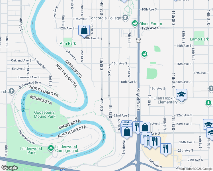 map of restaurants, bars, coffee shops, grocery stores, and more near 1901 5th Street South in Moorhead