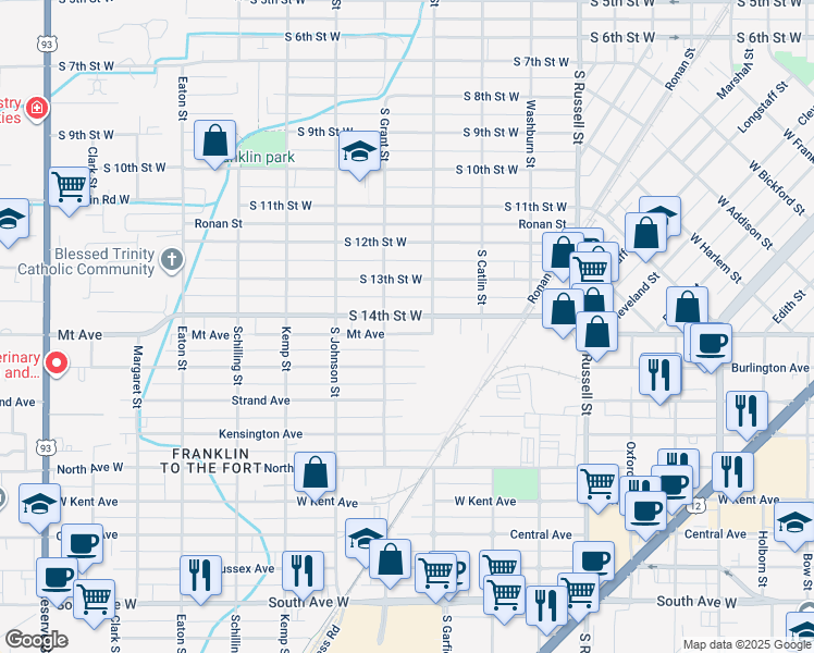 map of restaurants, bars, coffee shops, grocery stores, and more near 1833 South 14th Street West in Missoula