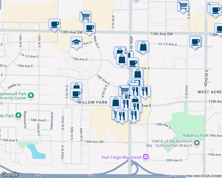 map of restaurants, bars, coffee shops, grocery stores, and more near 1551 45th Street South in Fargo