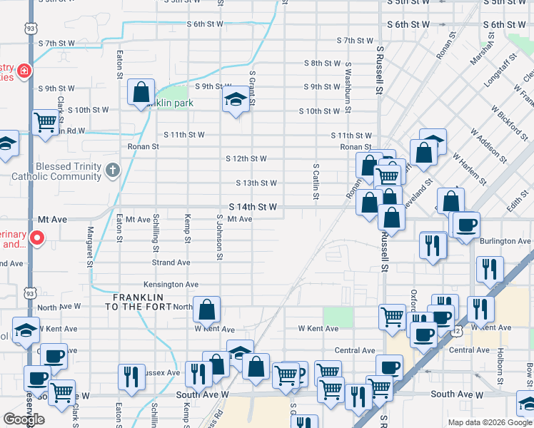 map of restaurants, bars, coffee shops, grocery stores, and more near 1838 South 14th Street West in Missoula