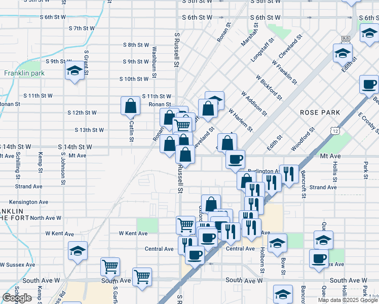 map of restaurants, bars, coffee shops, grocery stores, and more near 1228 Mount Avenue in Missoula