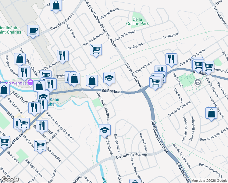 map of restaurants, bars, coffee shops, grocery stores, and more near Boulevard Bastien in Québec