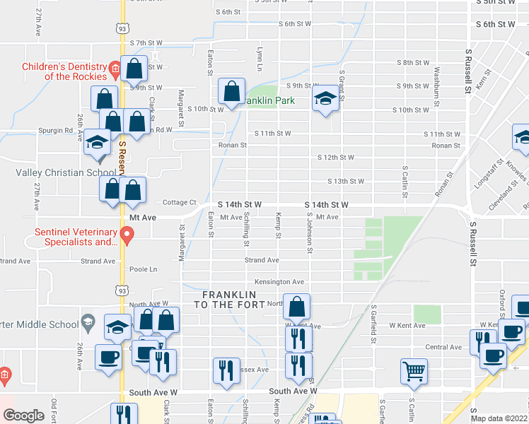 map of restaurants, bars, coffee shops, grocery stores, and more near 2125 South 14th Street West in Missoula