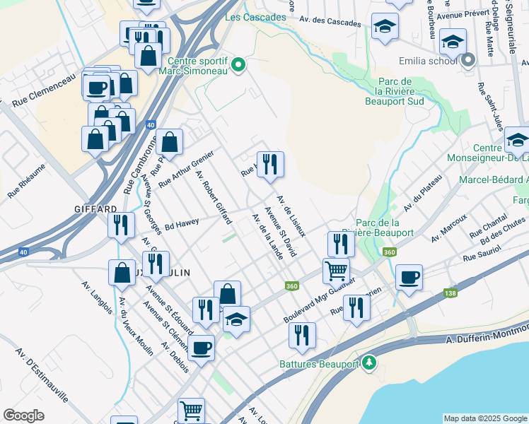 map of restaurants, bars, coffee shops, grocery stores, and more near 2485 Avenue Saint David in Québec