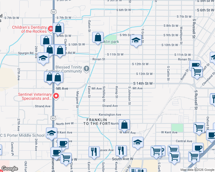 map of restaurants, bars, coffee shops, grocery stores, and more near 2153 South 14th Street West in Missoula
