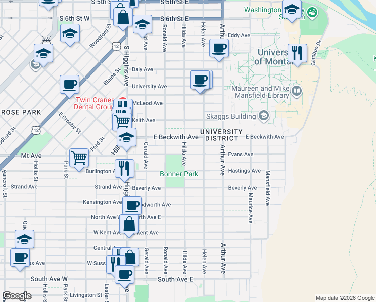 map of restaurants, bars, coffee shops, grocery stores, and more near 1525 Hilda Avenue in Missoula