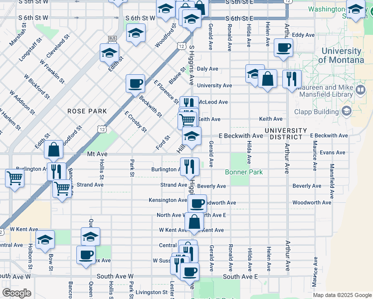 map of restaurants, bars, coffee shops, grocery stores, and more near 701-769 W Beckwith St E in Missoula
