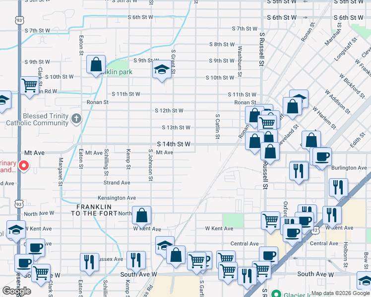 map of restaurants, bars, coffee shops, grocery stores, and more near in Missoula