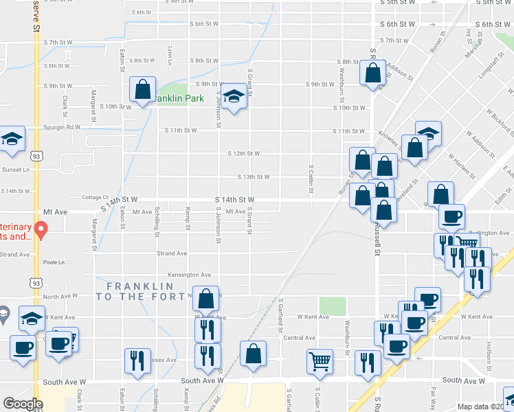 map of restaurants, bars, coffee shops, grocery stores, and more near 1838 South 14th Street West in Missoula