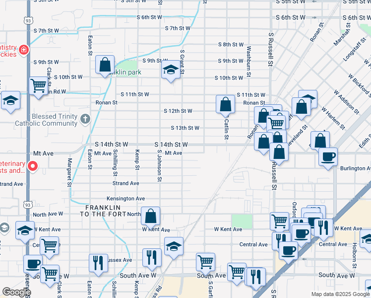 map of restaurants, bars, coffee shops, grocery stores, and more near 1838 South 14th Street West in Missoula