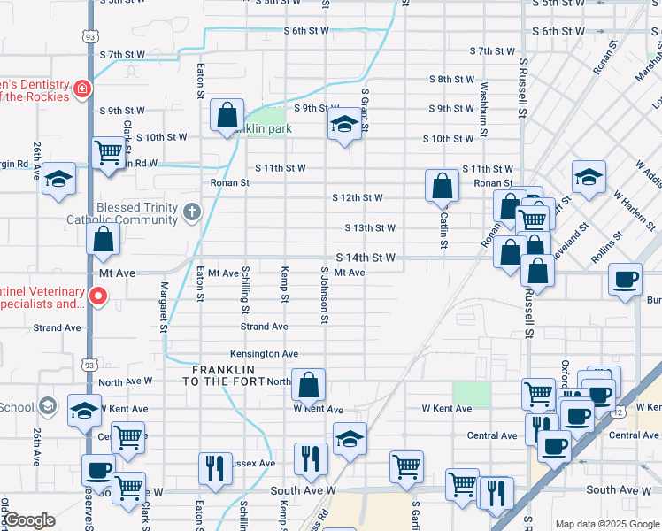 map of restaurants, bars, coffee shops, grocery stores, and more near 1525 South Johnson Street in Missoula