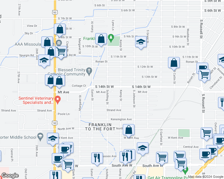 map of restaurants, bars, coffee shops, grocery stores, and more near 2150 South 14th Street West in Missoula